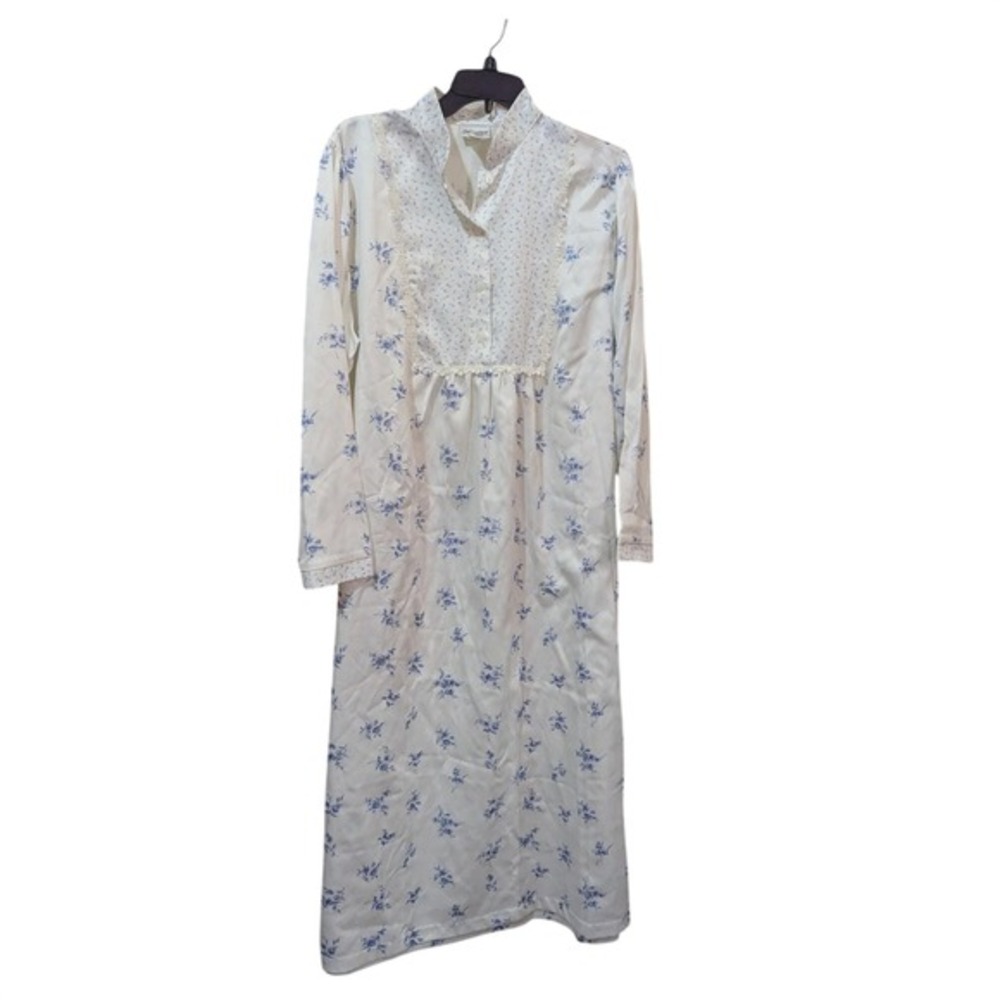 Delicates JCPenney Nightgown Large Blue Floral Long Sleeve Lace Trim Maxi Cream